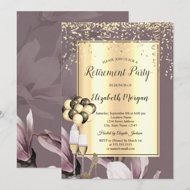 Chic Balloons, Confetti Flowers Retirement   Invitation (Front/Back)