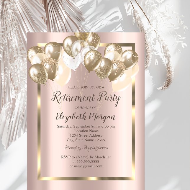 Chic Balloons,Frame,Rose Gold,Retirement  Invitation (Creator Uploaded)