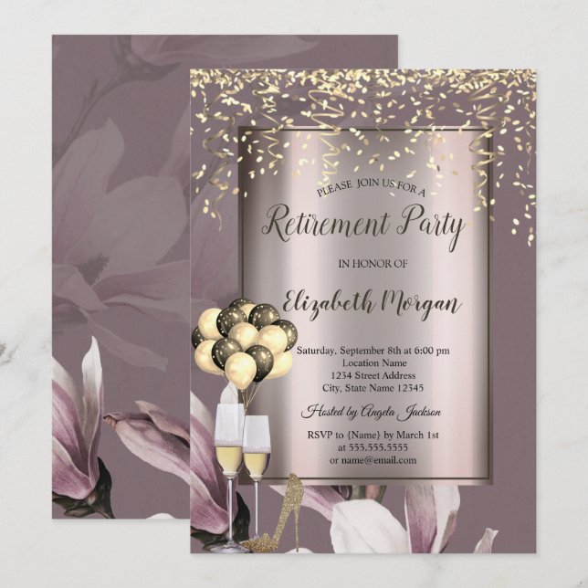 Chic Balloons,Gold Confetti Flowers Retirement  Invitation (Front/Back)