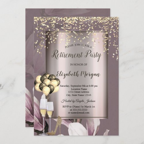 Chic BalloonsGold Confetti Flowers Retirement  Invitation