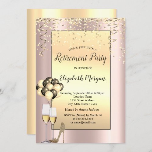 Chic BalloonsGold Confetti Rose Gold Retirement  Invitation