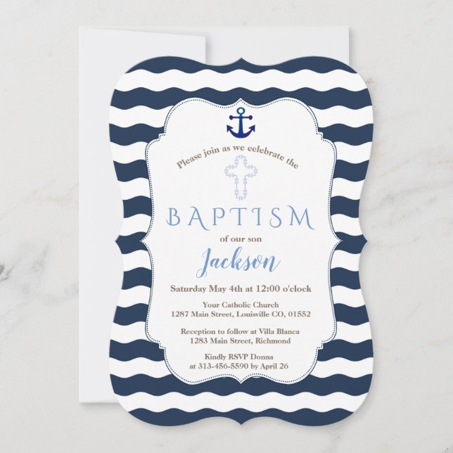 Chic Baptism Nautical Navy Waves Anchor Invite (Front)