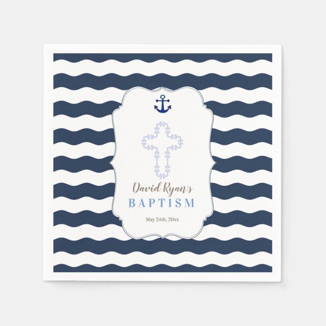 Chic Baptism Nautical Navy Waves Anchor Paper Napkins (Front)