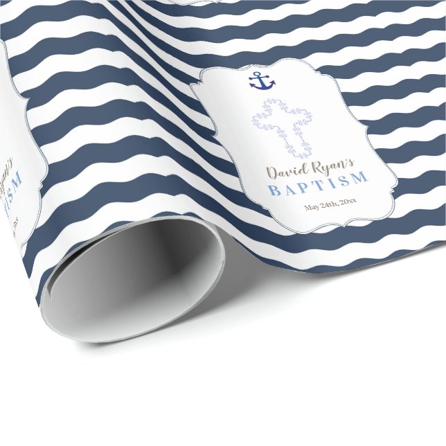 Chic Baptism Nautical Navy Waves Anchor Wrapping Paper (Roll Corner)