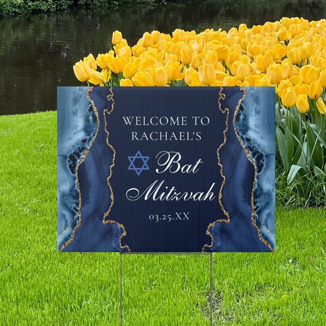 Chic Bat Mitzvah Navy Blue Gold Agate Yard Sign (Creator Uploaded)