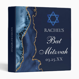 Chic Bat Mitzvah Navy Blue Gold Personalized 3 Ring Binder