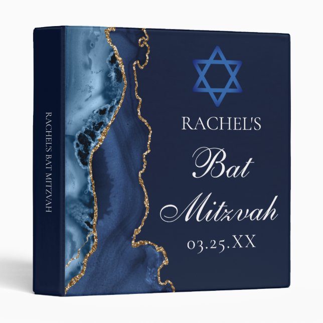 Chic Bat Mitzvah Navy Blue Gold Personalized 3 Ring Binder (Front/Spine)