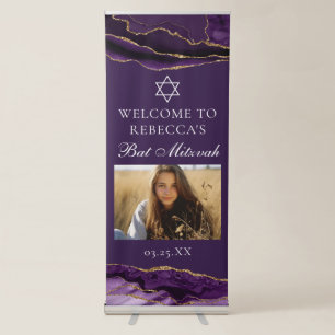 Chic Bat Mitzvah Party Photo Purple Gold Vertical Retractable Banner