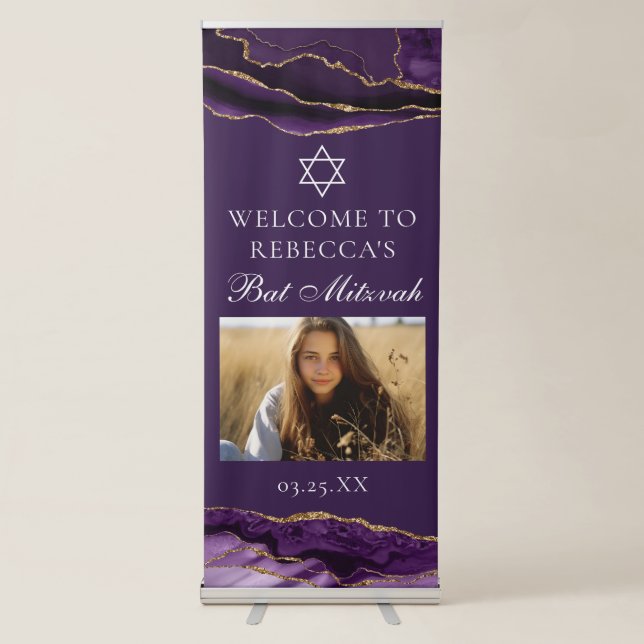 Chic Bat Mitzvah Party Photo Purple Gold Vertical Retractable Banner (Front)