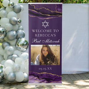 Chic Bat Mitzvah Party Photo Purple Gold Vertical Retractable Banner
