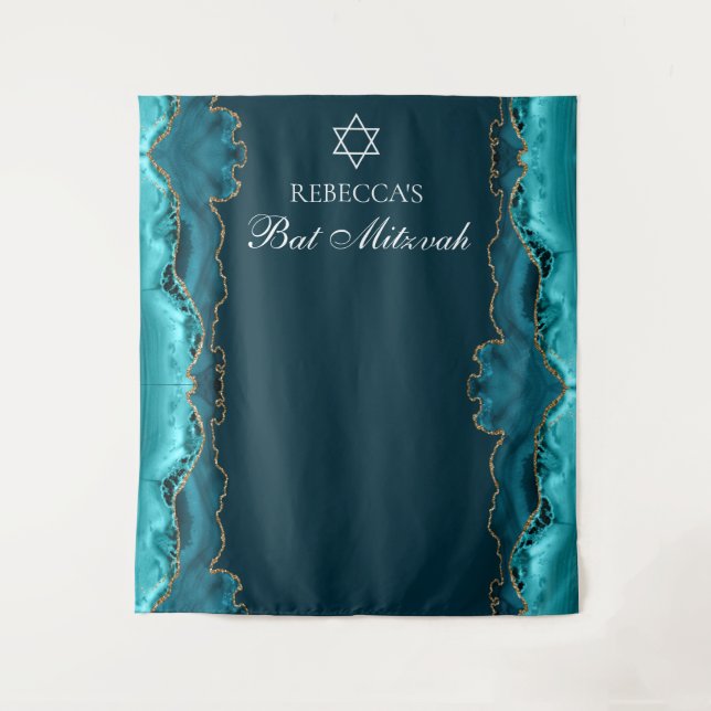 Chic Bat Mitzvah Party Teal Gold Photo Booth Tapestry (Front)
