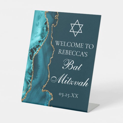 Chic Bat Mitzvah Party Welcome Teal Gold Pedestal Sign