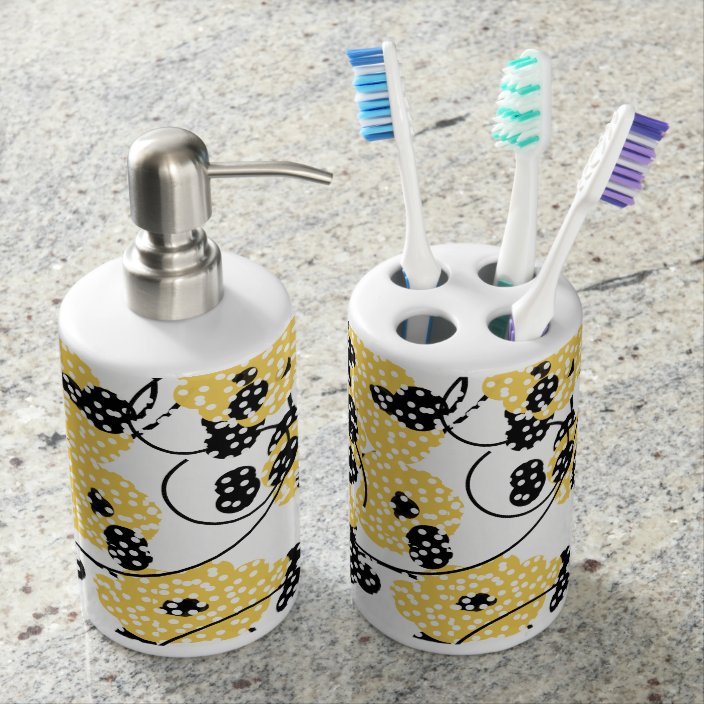 Chic Bath Set Modern Yellow Black Floral Soap Dispenser And Toothbrush Holder Zazzle Com