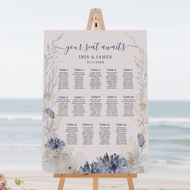 Chic Beach Coastal Nautical Wedding Seating Chart Foam Board (zazzle-boho-chic-beach-wedding-destination-resort-waterfront-soft-pastel-blue-neutral-seating-chart)