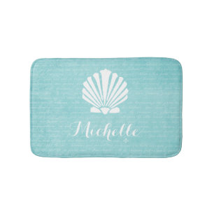 Chic Beach Girly Aqua Scallop Shell With Name Bathroom Mat