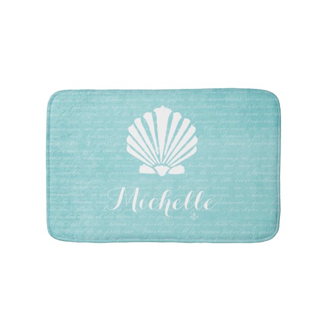 Chic Beach Girly Aqua Scallop Shell With Name Bathroom Mat (Front)