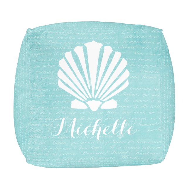 Chic Beach Girly Aqua Scallop Shell With Name Pouf (Top)