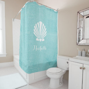 Chic Beach Girly Aqua Scallop Shell With Name Shower Curtain