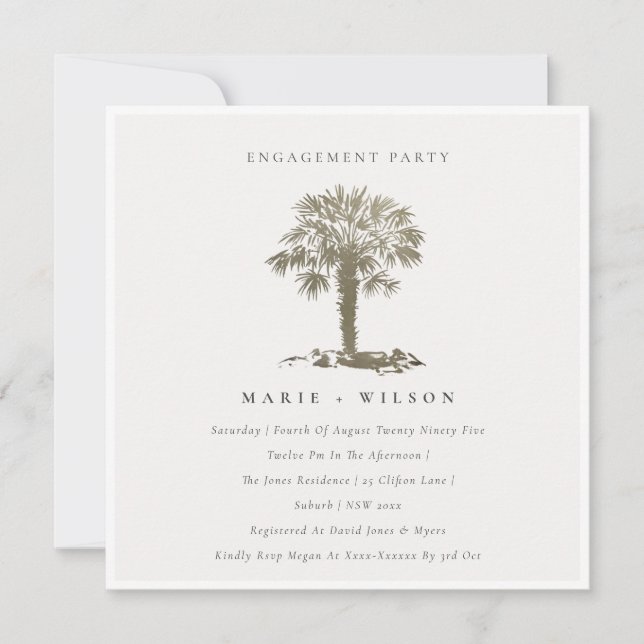 Chic Beach Palm Tree Dark Gold Engagement Invite (Front)