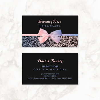 Chic Beautician Pink Blue Leopard Print With Bow Business Card by GirlyBusinessCards at Zazzle
