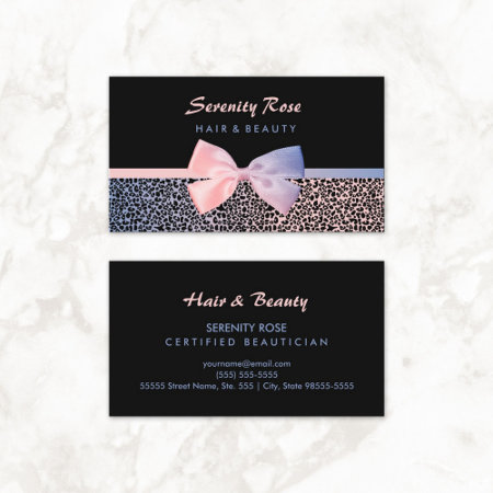 Chic Beautician Pink Blue Leopard Print With Bow Business Card