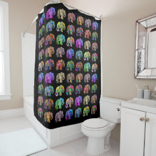 Chic Beautiful Rainbow Colored Elephants on Black Shower Curtain