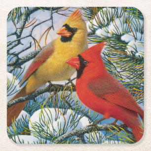 Chic Beautiful Red Cardinals And Snow Christmas Square Paper Coaster
