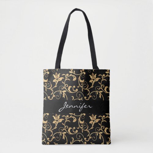 Chic Beautiful Royal Black and Gold  Damask Tote Bag