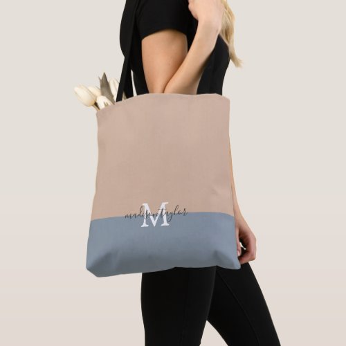 Chic Beige and Dusty Blue with Monogram name Tote Bag