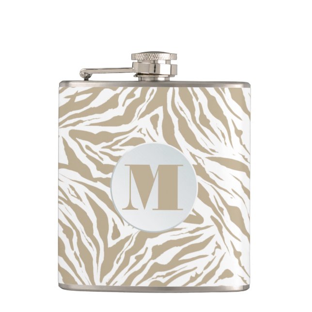 Chic Beige Animal Print Monogrammed Flask (Front)