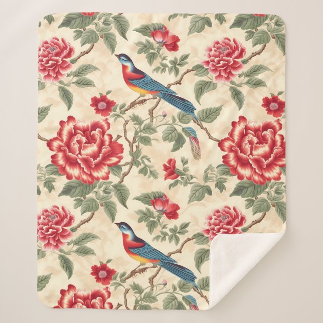 Chic beige chinoiserie sherpa blanket (Front)