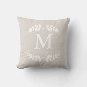 Chic Beige Floral Frame Monogram Throw Pillow