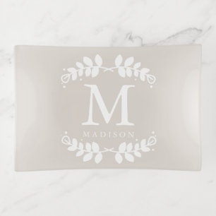 Chic Beige Floral Frame Monogram Trinket Tray