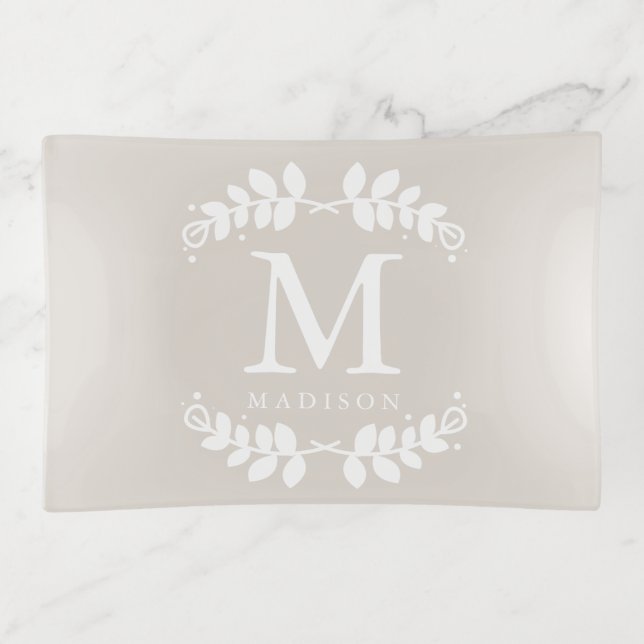 Chic Beige Floral Frame Monogram Trinket Tray (Front)