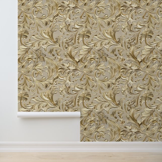 Chic beige gold tooled leather  wallpaper  (Application)
