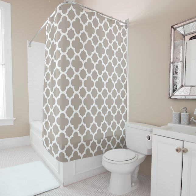 Chic Beige Gray Retro Cute Trellis Pattern Shower Curtain (In Situ)