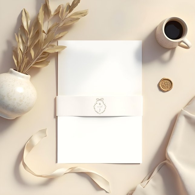 Chic Beige Hand Drawn Bow & Ribbon Monogram Crest Invitation Belly Band (Chic Blue Hand Drawn Bow & Ribbon Monogram Crest Invitation Belly Band)