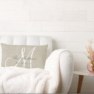 Chic Beige Linen White Monogram Family Keepsake Lumbar Pillow