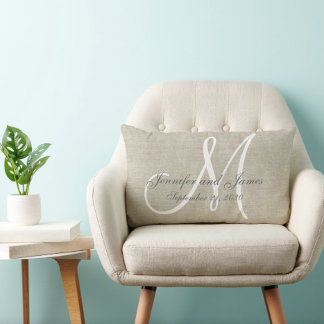 Chic Beige Linen White Monogram Wedding Keepsake Lumbar Pillow