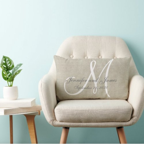 Chic Beige Linen White Monogram Wedding Keepsake Lumbar Pillow