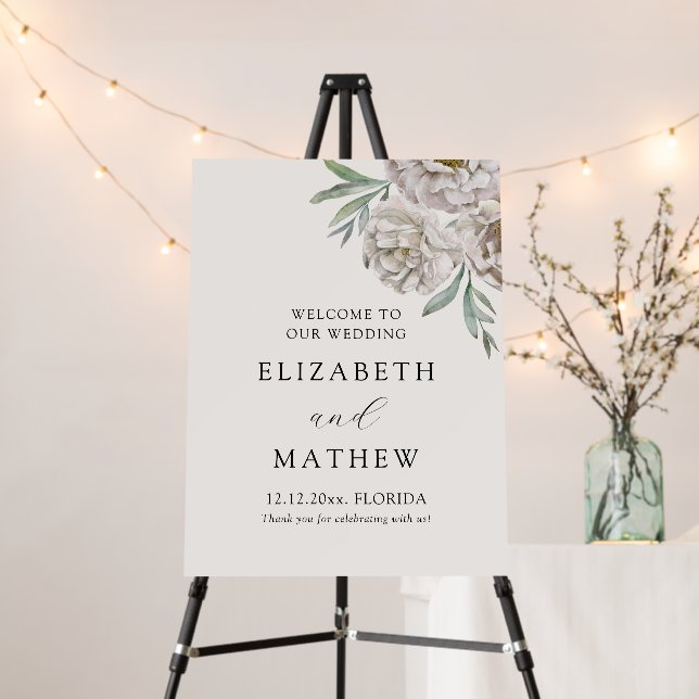 Chic Beige & Off White Floral Wedding Welcome Foam Board (In Situ (Stand))
