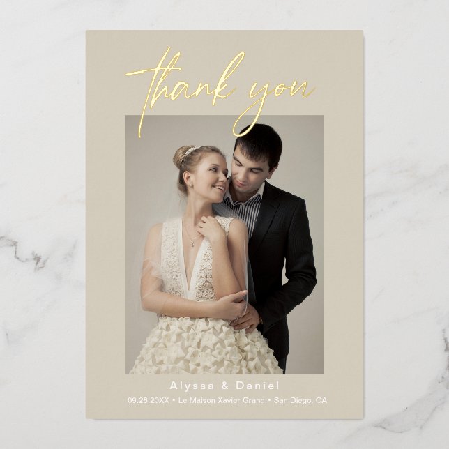 Chic Beige wedding photos handlettering Script Foil Invitation (Front)