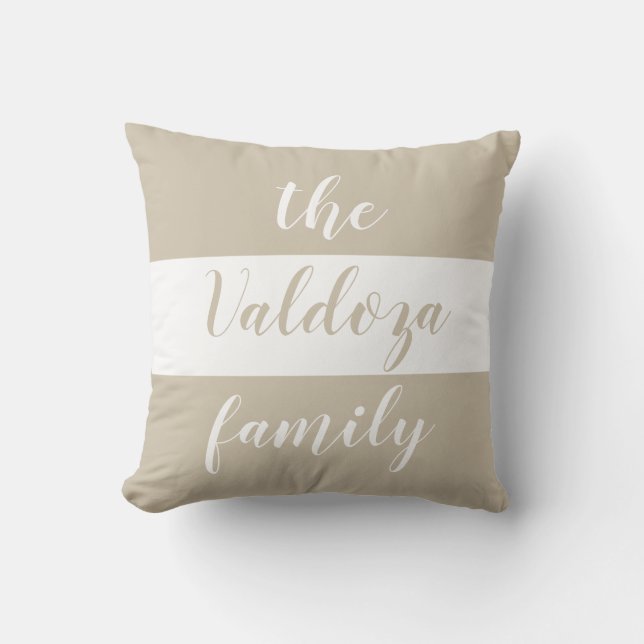 Chic Beige White Stripes Family Name Throw Pillow (Front)