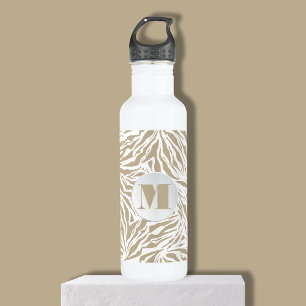 Chic Beige Zebra Print Monogram Stainless Steel Water Bottle