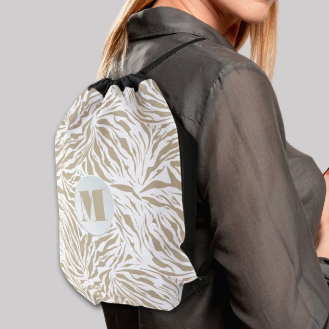 Chic Beige Zebra Print Monogrammed Drawstring Bag (Creator Uploaded)