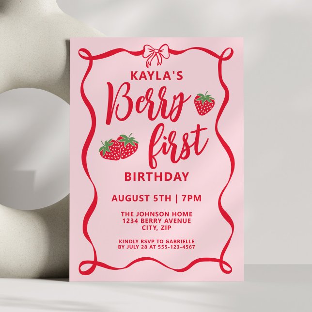 Chic Berry First Birthday Red Bow Strawberry Invitation (Creator Uploaded)