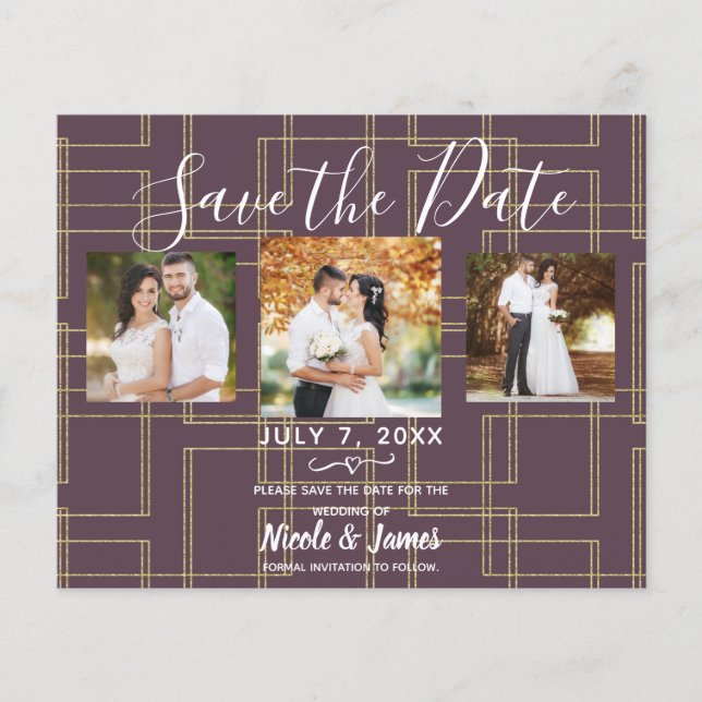 Chic Berry Mauve & Gold Geometric Glam Save Date  (Front)