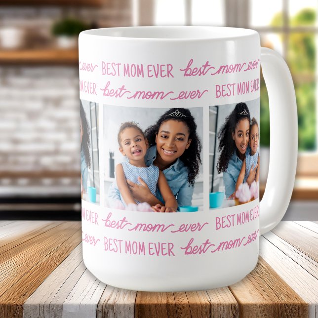 Chic Best MOM Ever Customized Pink 4 Photo Collage Coffee Mug (Creator Uploaded)