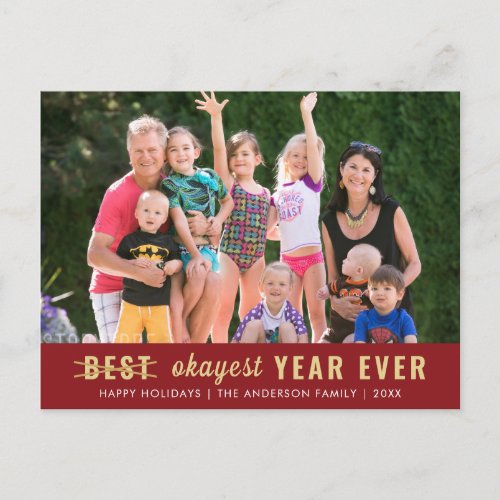 Chic Best Okayest Year Ever Red Gold Script Photo Holiday Postcard