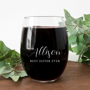 Chic Best Sister Script Monogram Stemless Wine Glass
